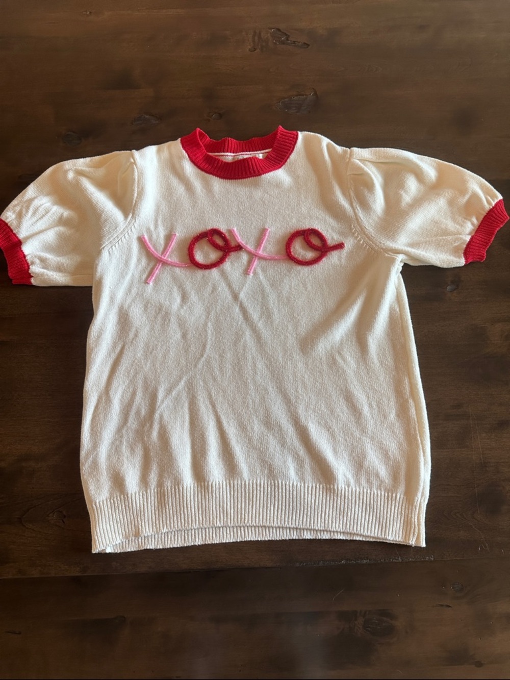 Cato White Short-Sleeve Knit Top with Red Trim and Pink/Red XOXO 14/16W